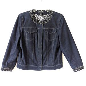 Womens Denim Dark Wash Jean Jacket Size 10 Embroidered Sequins VTG Focus 2000